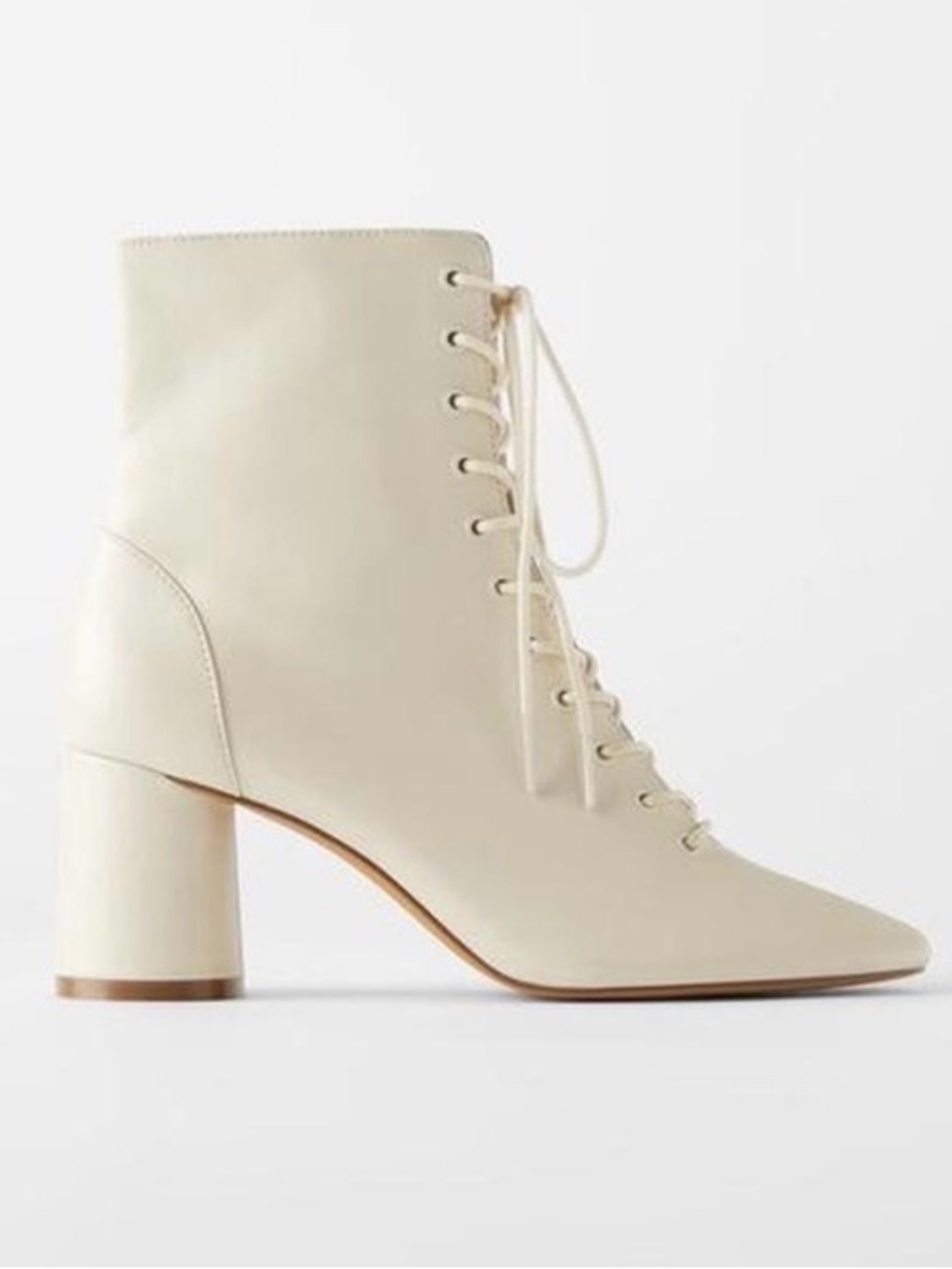 Zara Trafaluc Lace-Up Block Heel Ankle Boot in Cream